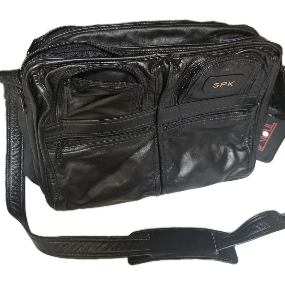 TUMI Leather Bag Organizer Black Crossbody Multipocket  Old Style